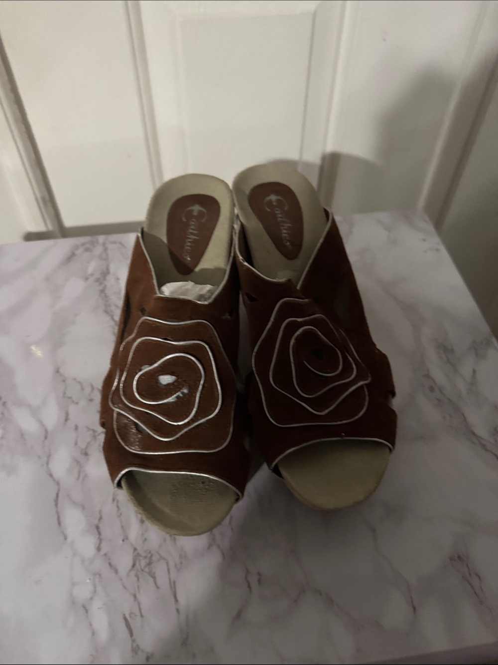 Earthies Brown Suede Slip-On Mules with Floral Applique